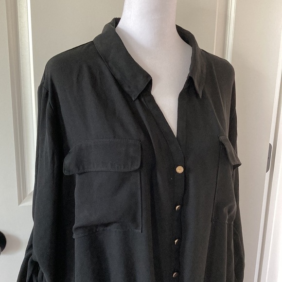 Lane Bryant 26 28 black sheer blouse button down v-neck collar - Picture 2 of 12
